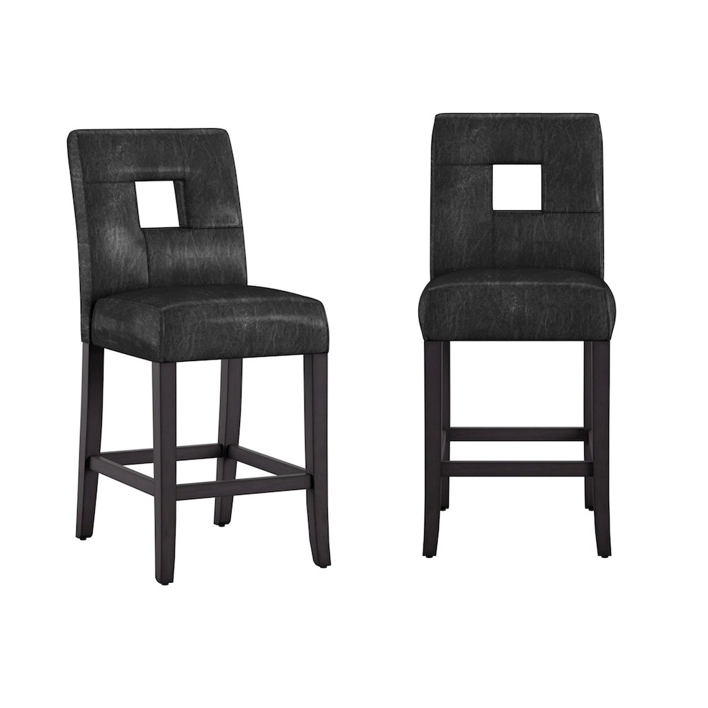 Set of 2, Black Finish Brown Vinyl Keyhole Counter Height Chair. Picture 2