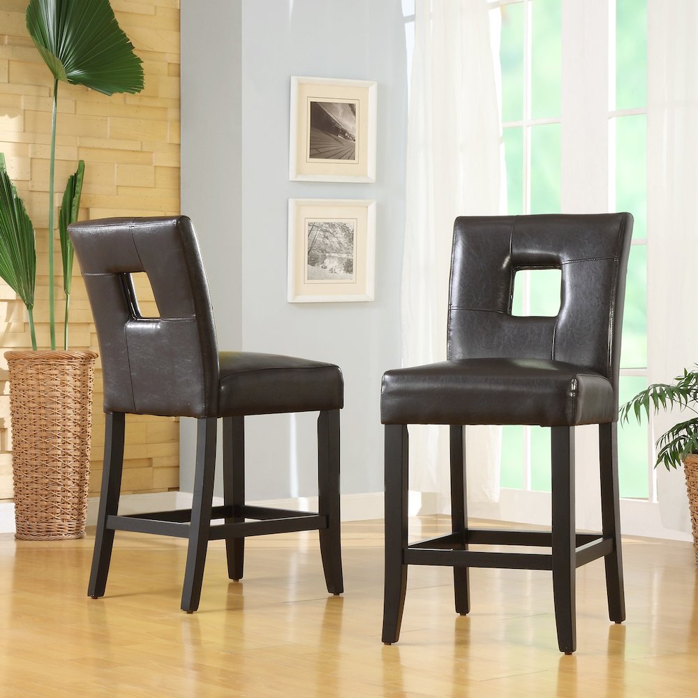 Set of 2, Black Finish Brown Vinyl Keyhole Counter Height Chair. Picture 1