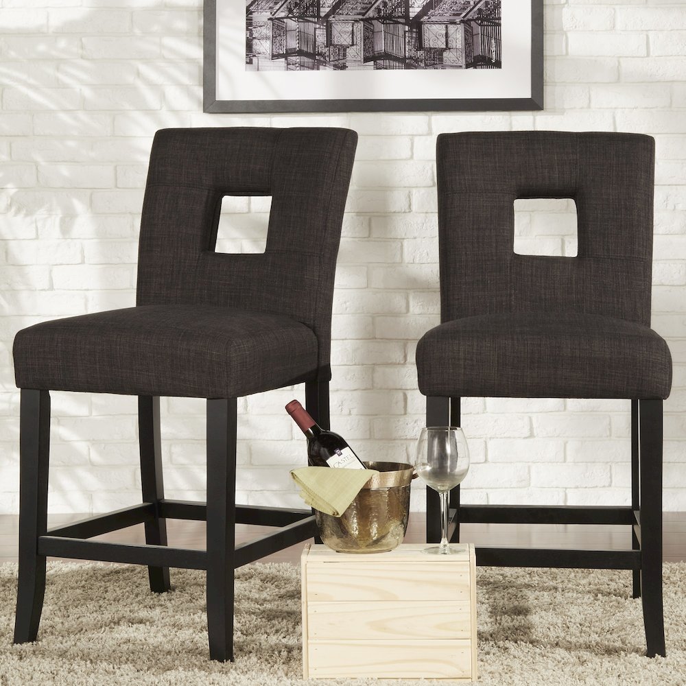 Set of 2, Black Finish Dark Grey Linen Keyhole Counter Height Chair. Picture 1