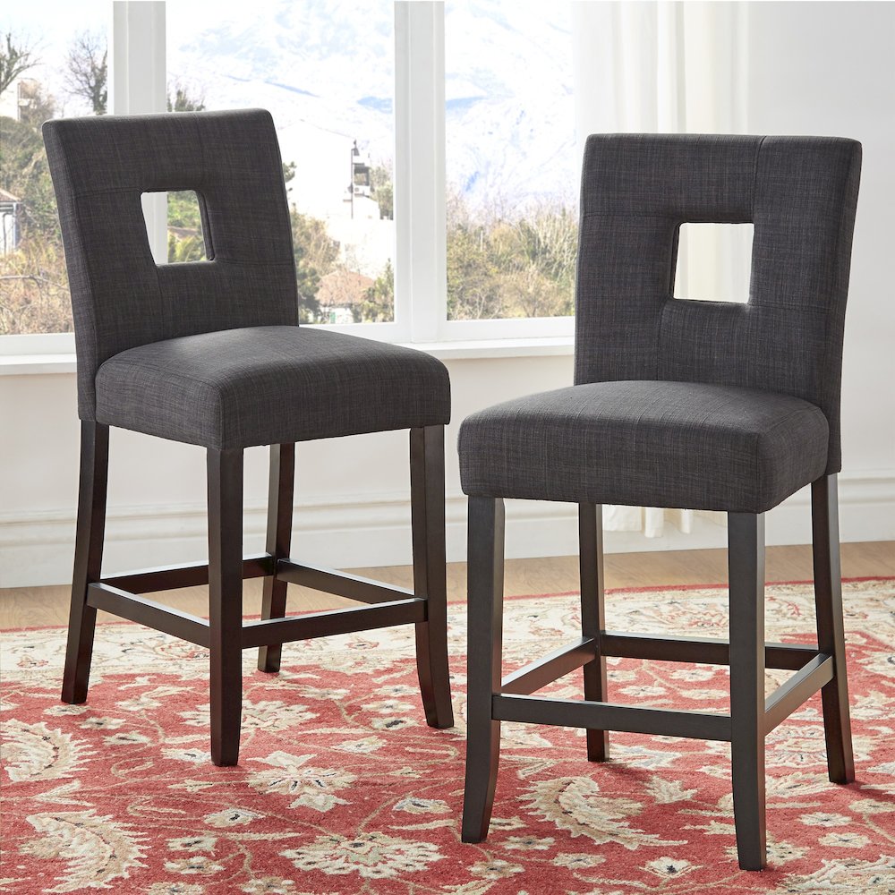 Set of 2, Black Finish Dark Grey Linen Keyhole Counter Height Chair. Picture 2