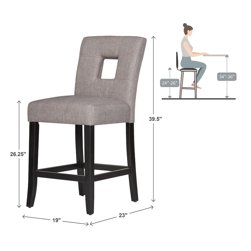 Set of 2, Black Finish Grey Linen Keyhole Counter Height Chair. Picture 4