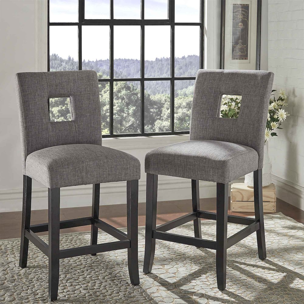 Set of 2, Black Finish Grey Linen Keyhole Counter Height Chair. Picture 1