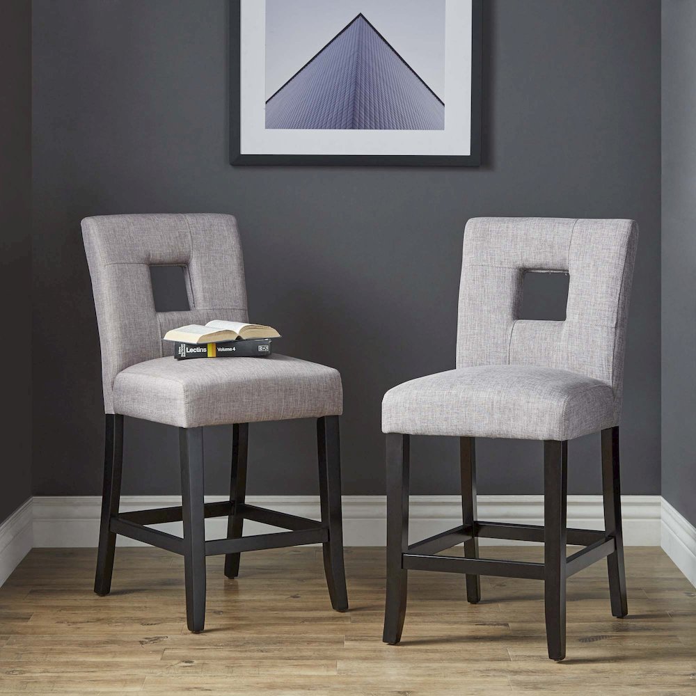 Set of 2, Black Finish Grey Linen Keyhole Counter Height Chair. Picture 2
