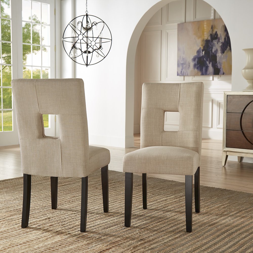 Set of 2, Black Finish Beige Linen Keyhole Side Chair. Picture 1
