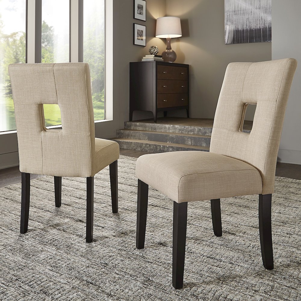 Set of 2, Black Finish Beige Linen Keyhole Side Chair. Picture 2