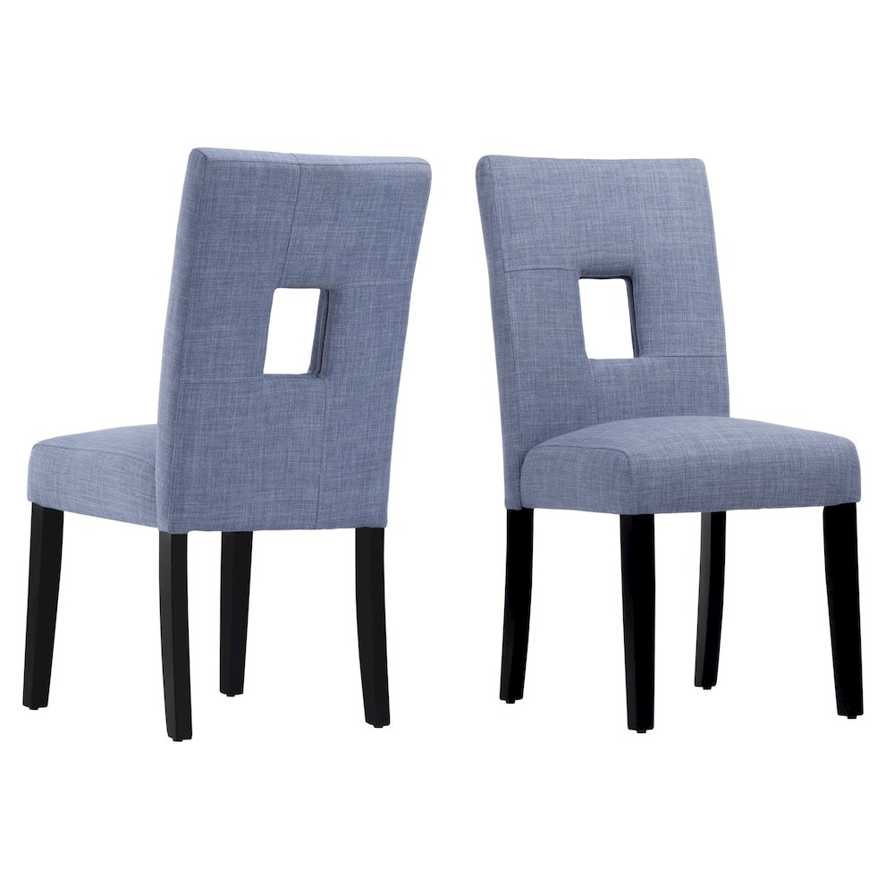 Set of 2, Black Finish Blue Linen Keyhole Side Chair. Picture 7