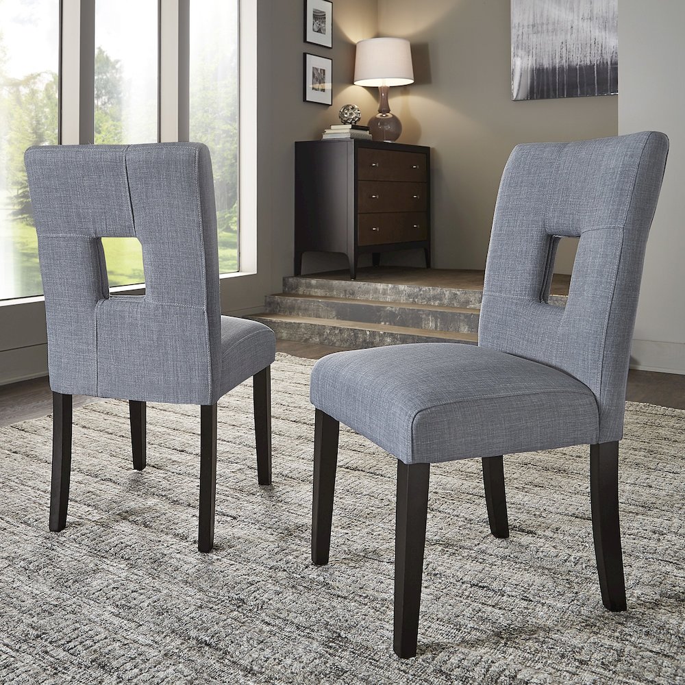 Set of 2, Black Finish Blue Linen Keyhole Side Chair. Picture 2