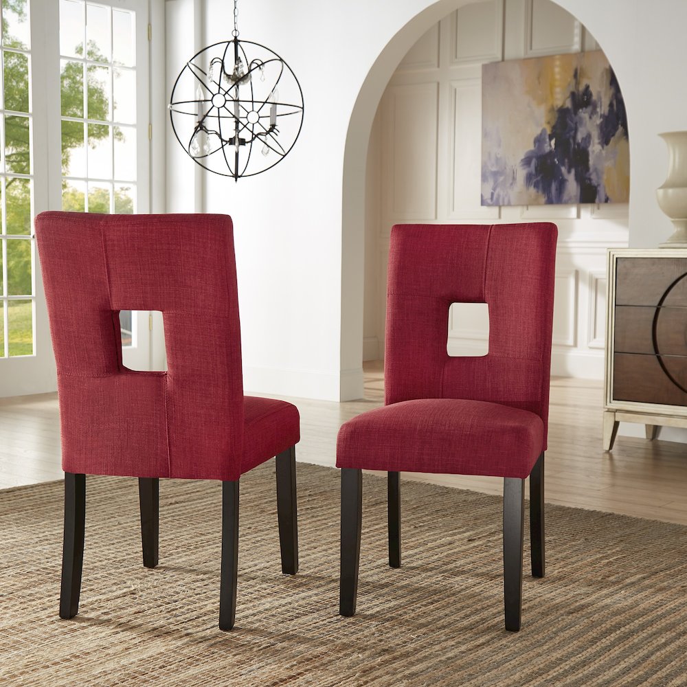 Set of 2, Black Finish Red Linen Keyhole Side Chair. Picture 1