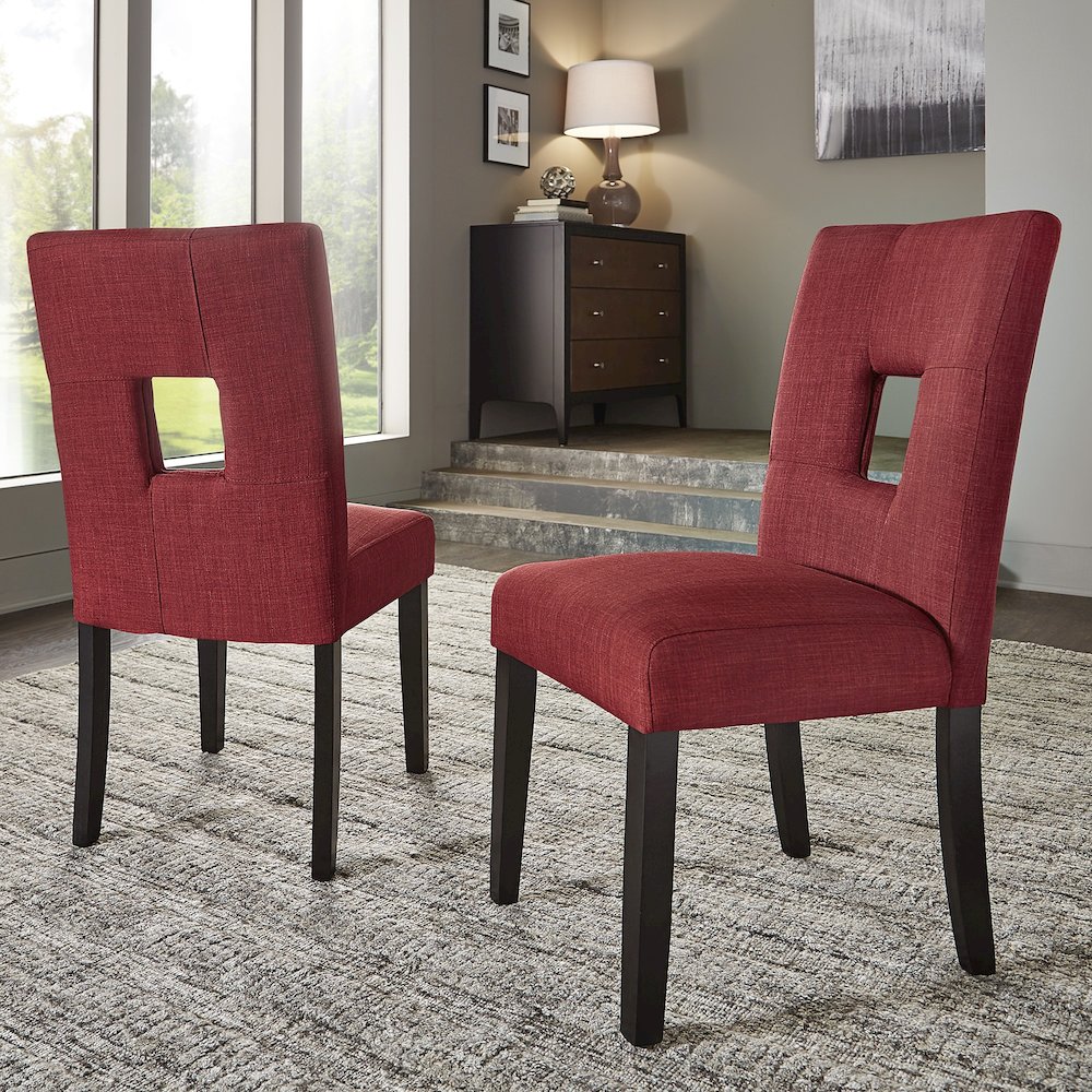 Set of 2, Black Finish Red Linen Keyhole Side Chair. Picture 2
