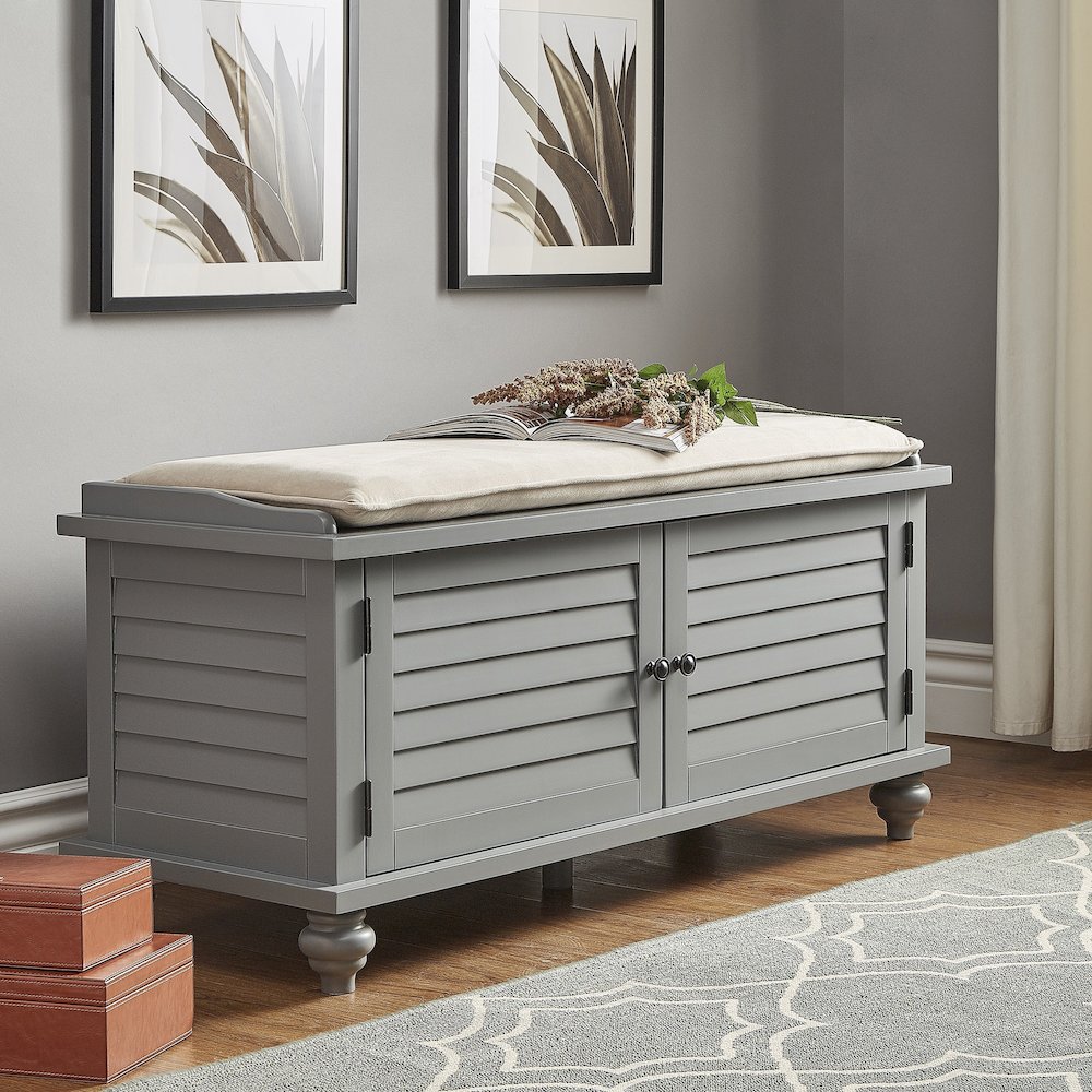 Frost Grey Finish Shoes Bench With Beige Velvet Cushion. Picture 2