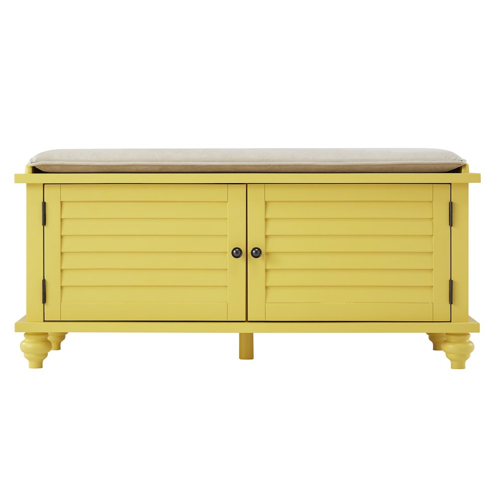 Banana Yellow Finish Shoes Bench With Beige Velvet Cushion. Picture 1
