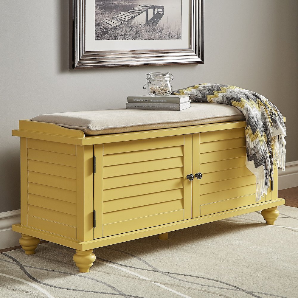 Banana Yellow Finish Shoes Bench With Beige Velvet Cushion. Picture 2