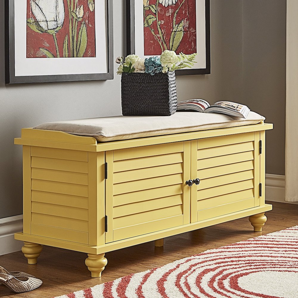 Banana Yellow Finish Shoes Bench With Beige Velvet Cushion. Picture 3