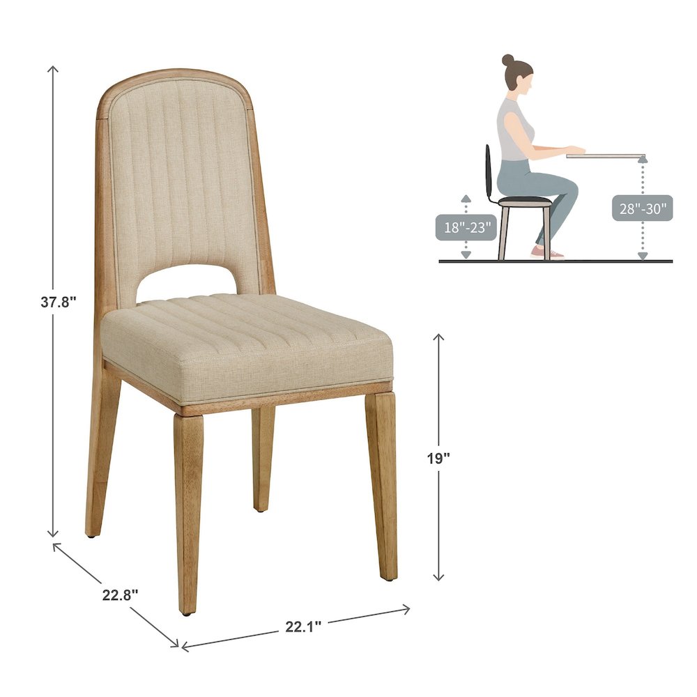 Set of 2, Oak Wash Finish Cream Fabric Channel Stitching Dining Chair. Picture 3