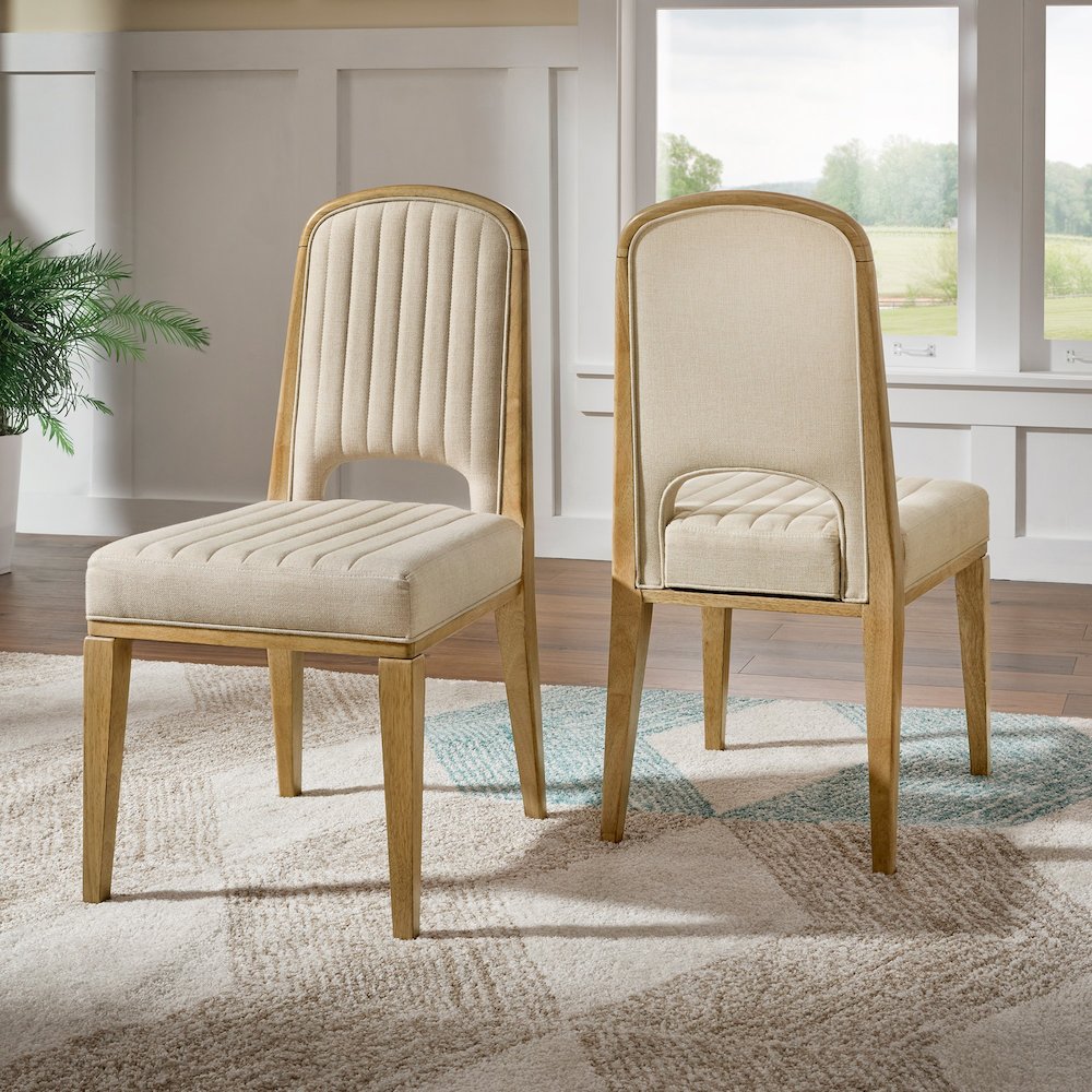 Set of 2, Oak Wash Finish Cream Fabric Channel Stitching Dining Chair. Picture 1