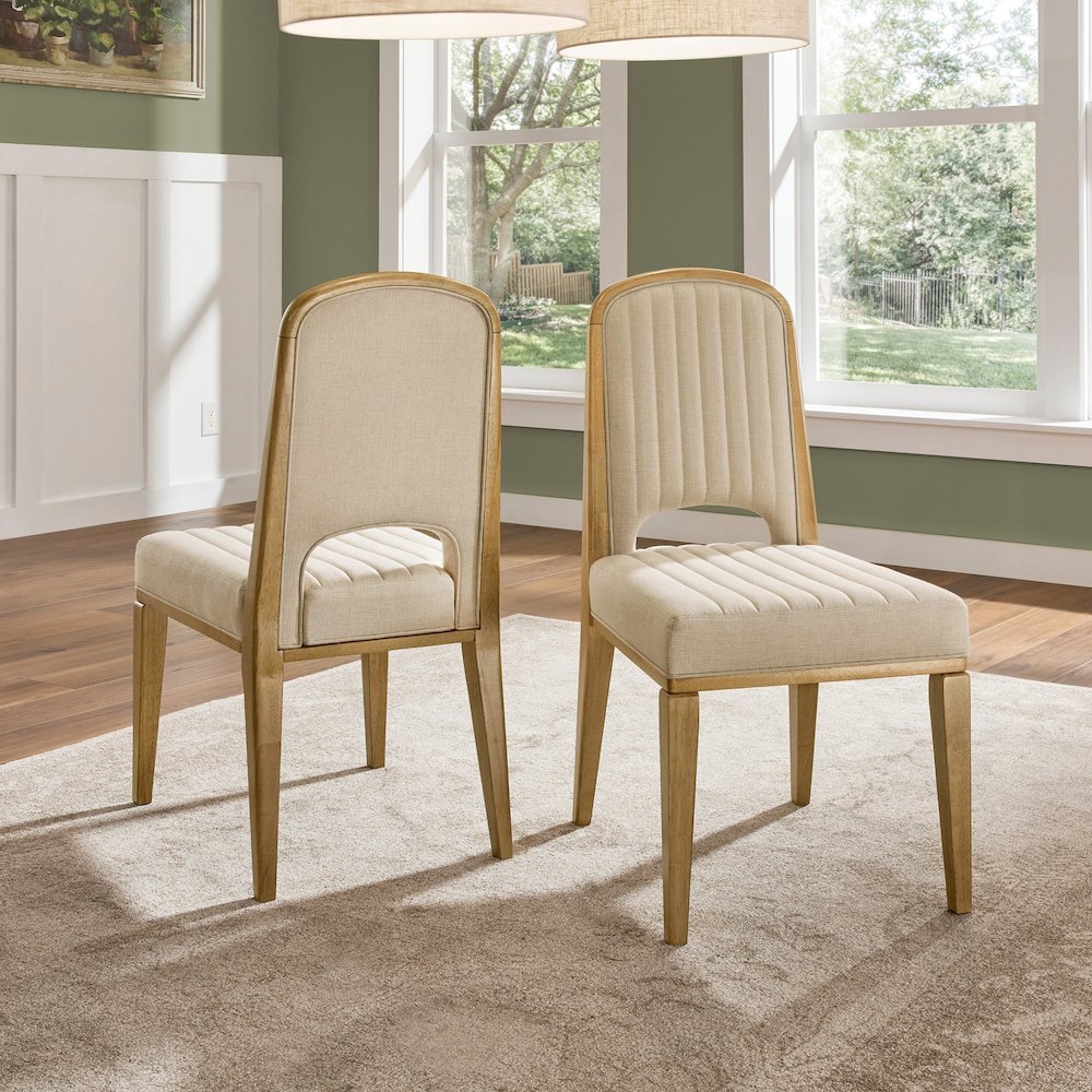 Set of 2, Oak Wash Finish Cream Fabric Channel Stitching Dining Chair. Picture 2