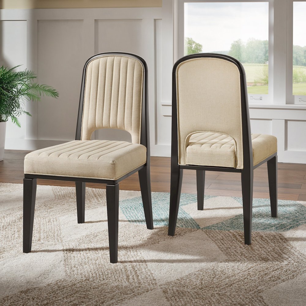 Set of 2, Black Oak Finish Cream Fabric Channel Stitching Dining Chair. Picture 1