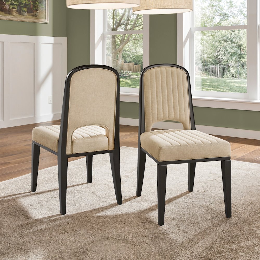Set of 2, Black Oak Finish Cream Fabric Channel Stitching Dining Chair. Picture 2