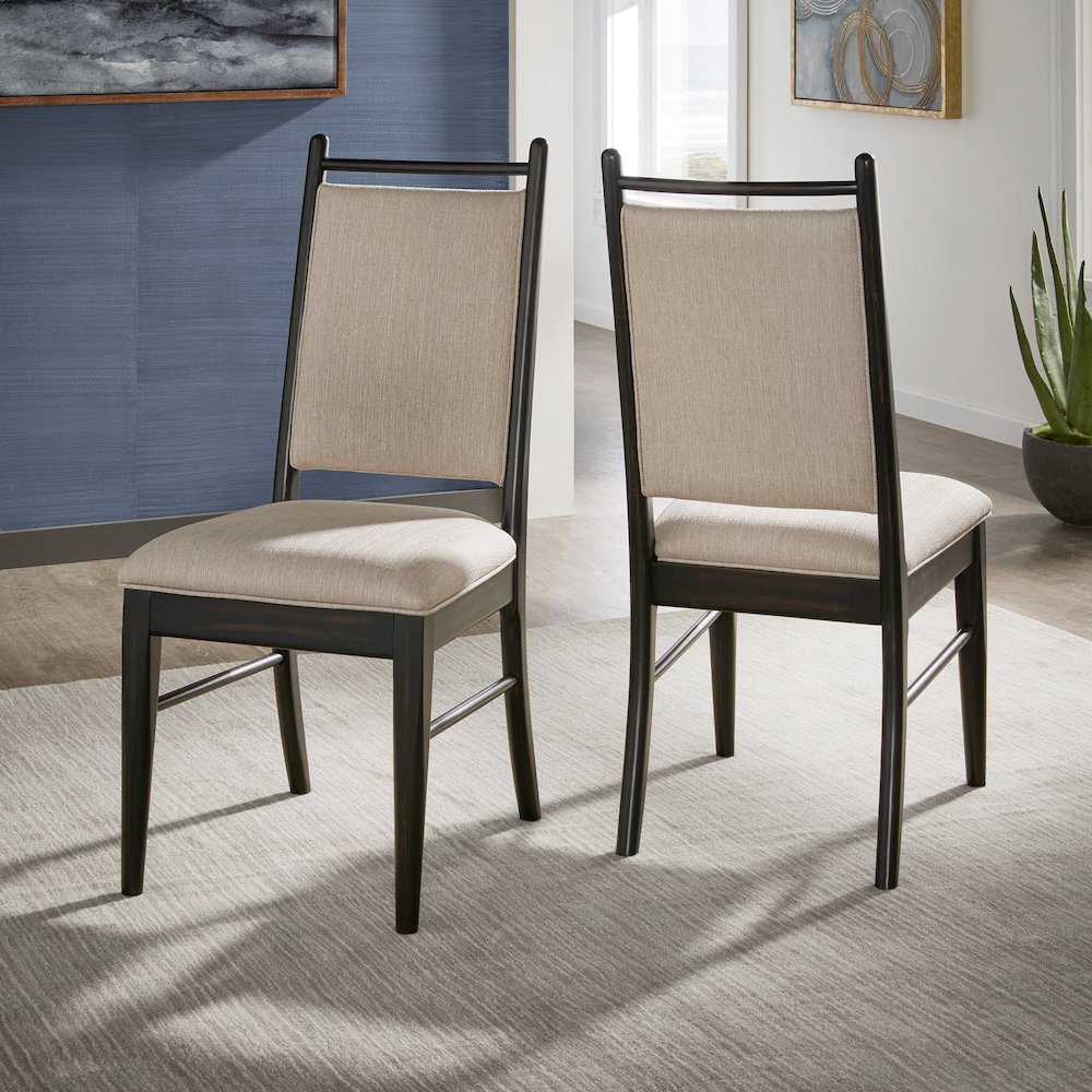 Set of 2, Black Oak Finish Beige Fabric Side Chair. Picture 2