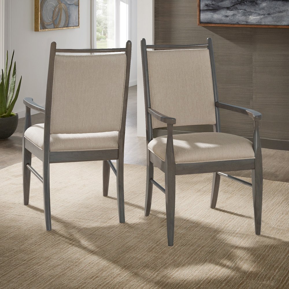 Set of 2, Grey Finish Beige Fabric Arm Chair. Picture 1