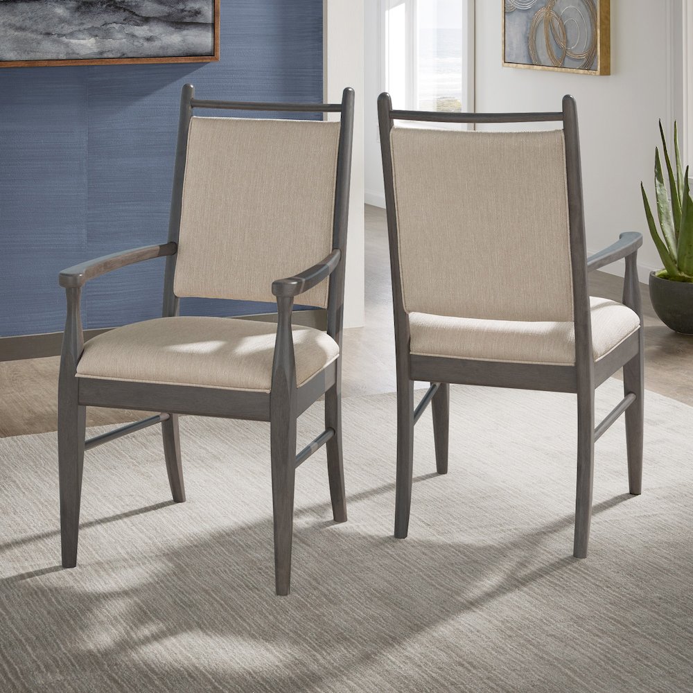 Set of 2, Grey Finish Beige Fabric Arm Chair. Picture 2