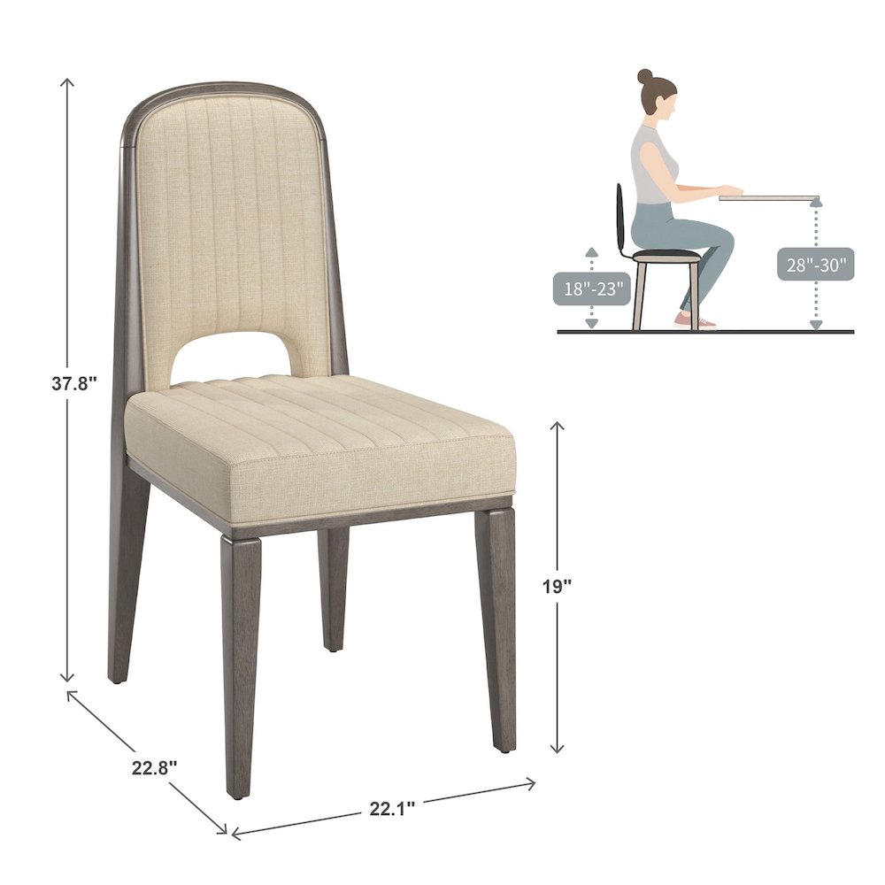 Set of 2, Grey Finish Cream Fabric Channel Stitching Dining Chair. Picture 4