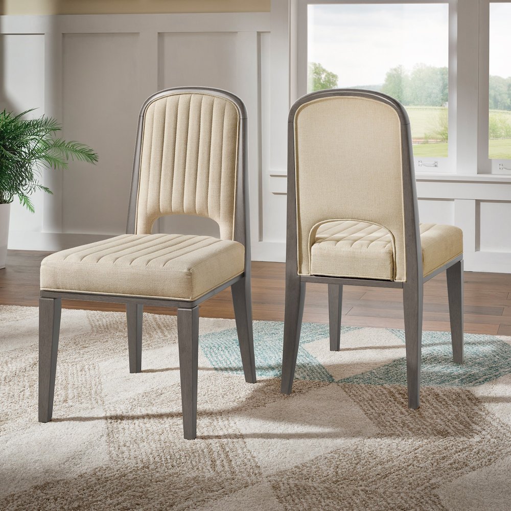 Set of 2, Grey Finish Cream Fabric Channel Stitching Dining Chair. Picture 1