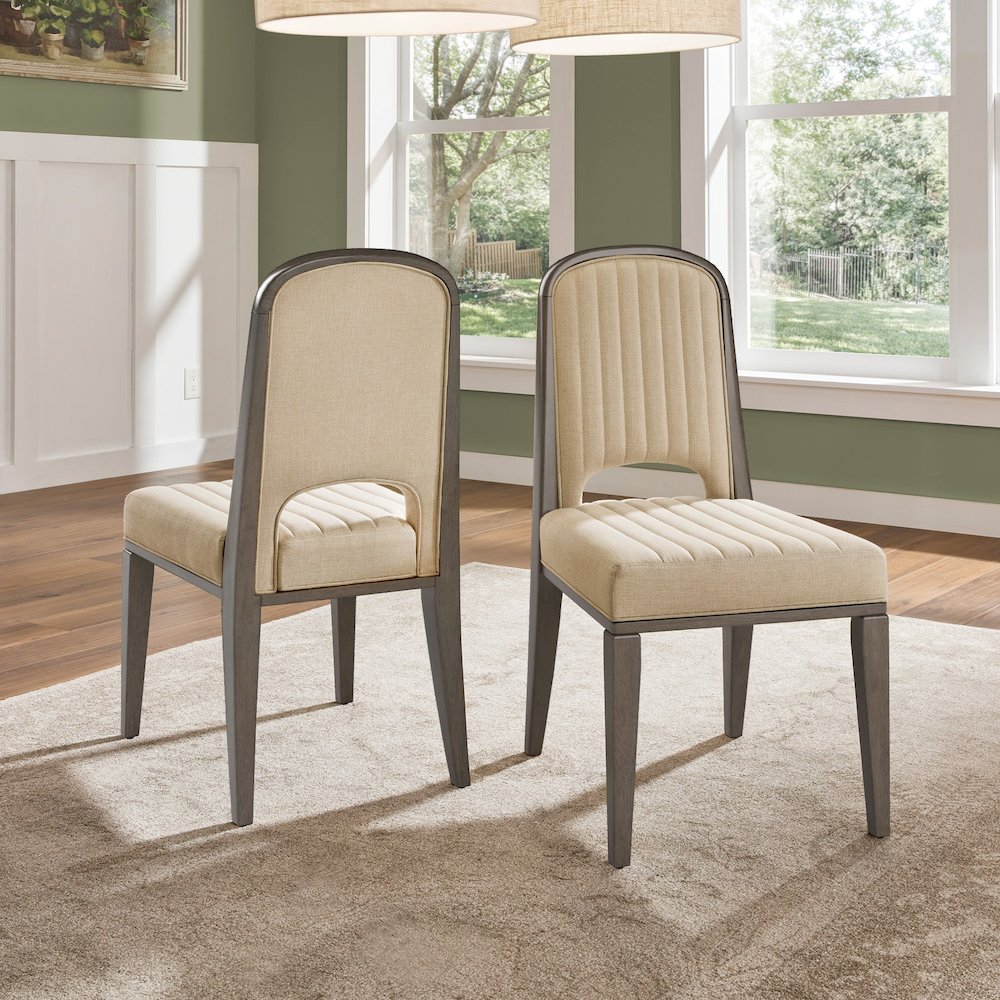 Set of 2, Grey Finish Cream Fabric Channel Stitching Dining Chair. Picture 2