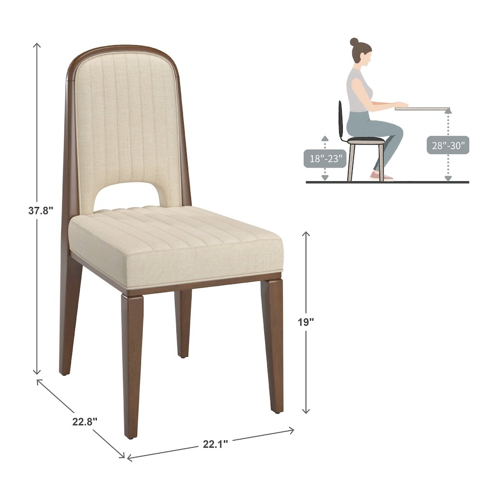 Set of 2, Walnut Finish Cream Fabric Channel Stitching Dining Chair. Picture 4