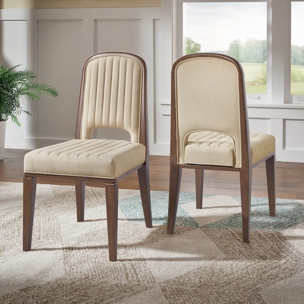 Set of 2, Walnut Finish Cream Fabric Channel Stitching Dining Chair. Picture 1