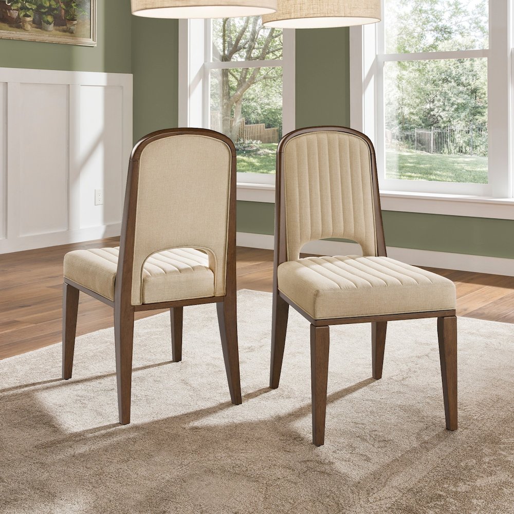 Set of 2, Walnut Finish Cream Fabric Channel Stitching Dining Chair. Picture 2