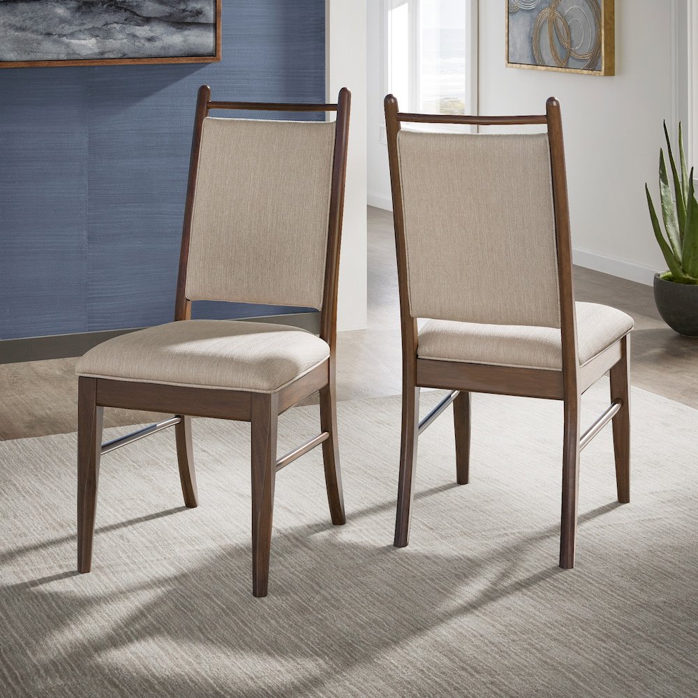 Set of 2, Walnut Finish Beige Fabric Side Chair. Picture 2