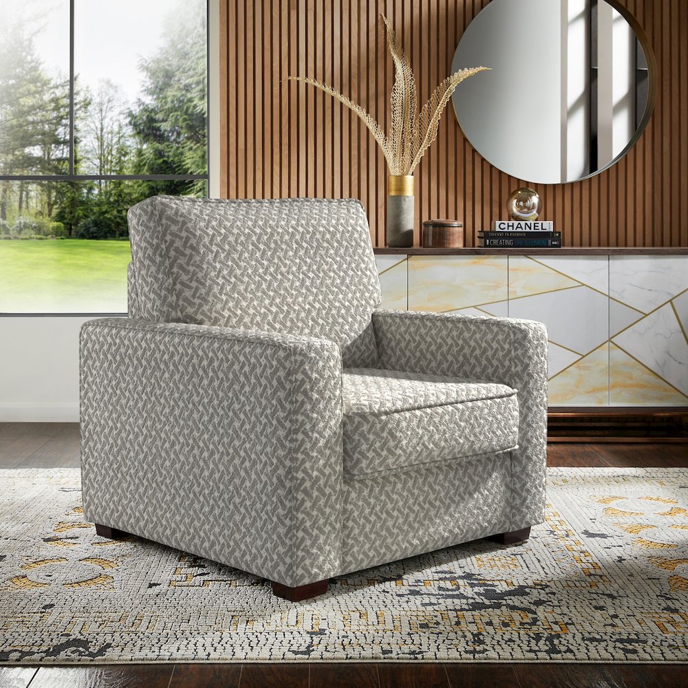 Espresso Finish White & Grey Herringbone Pattern Fabric Chair. Picture 2