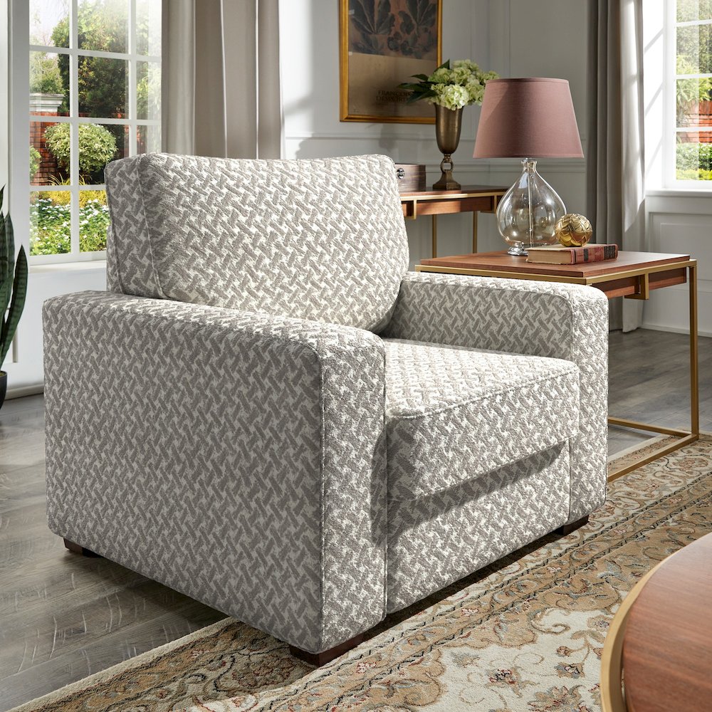 Espresso Finish White & Grey Herringbone Pattern Fabric Chair. Picture 3