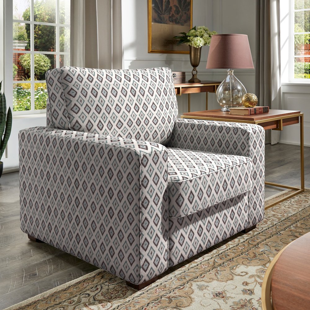 Espresso Finish Brown & Blue Diamond Pattern Fabric Chair. Picture 3