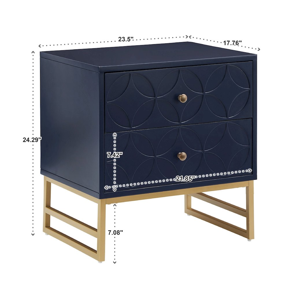 Blue Finish Arched Diamond Pattern Nightstand With Gold Metal Base. Picture 4