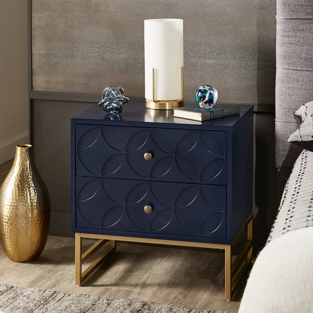 Blue Finish Arched Diamond Pattern Nightstand With Gold Metal Base. Picture 2