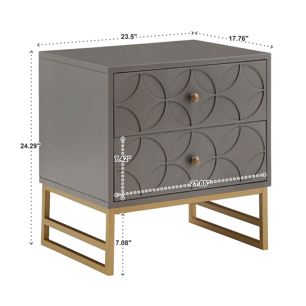 Frost Grey Finish Arched Diamond Pattern Nightstand With Gold Metal Base. Picture 4