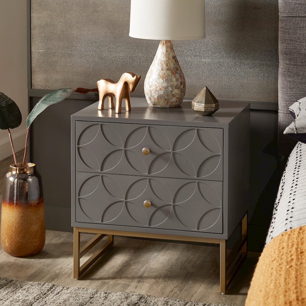 Frost Grey Finish Arched Diamond Pattern Nightstand With Gold Metal Base. Picture 2
