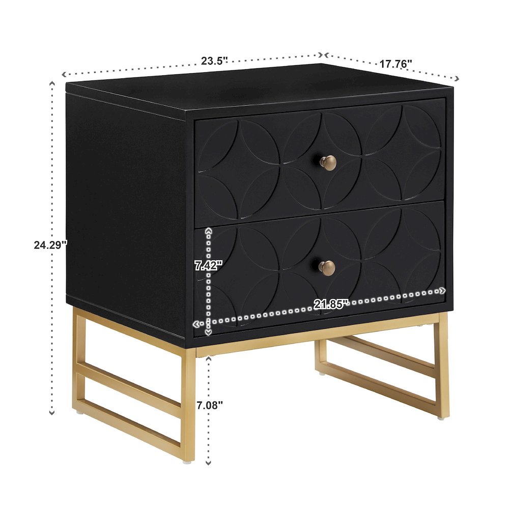 Vulcan Black Finish Arched Diamond Pattern Nightstand With Gold Metal Base. Picture 4