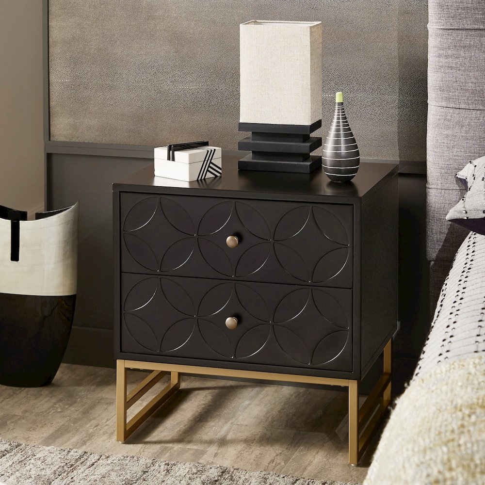 Vulcan Black Finish Arched Diamond Pattern Nightstand With Gold Metal Base. Picture 2