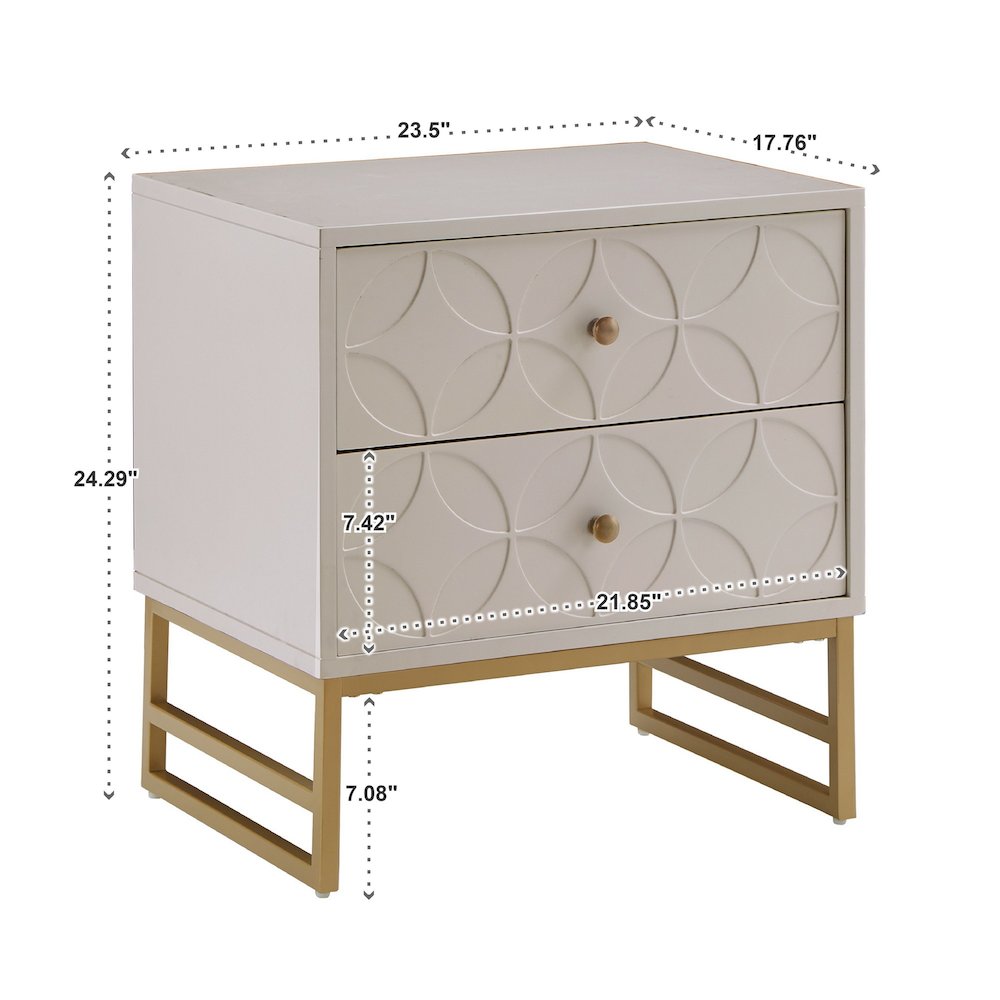 White Finish Arched Diamond Pattern Nightstand With Gold Metal Base. Picture 4