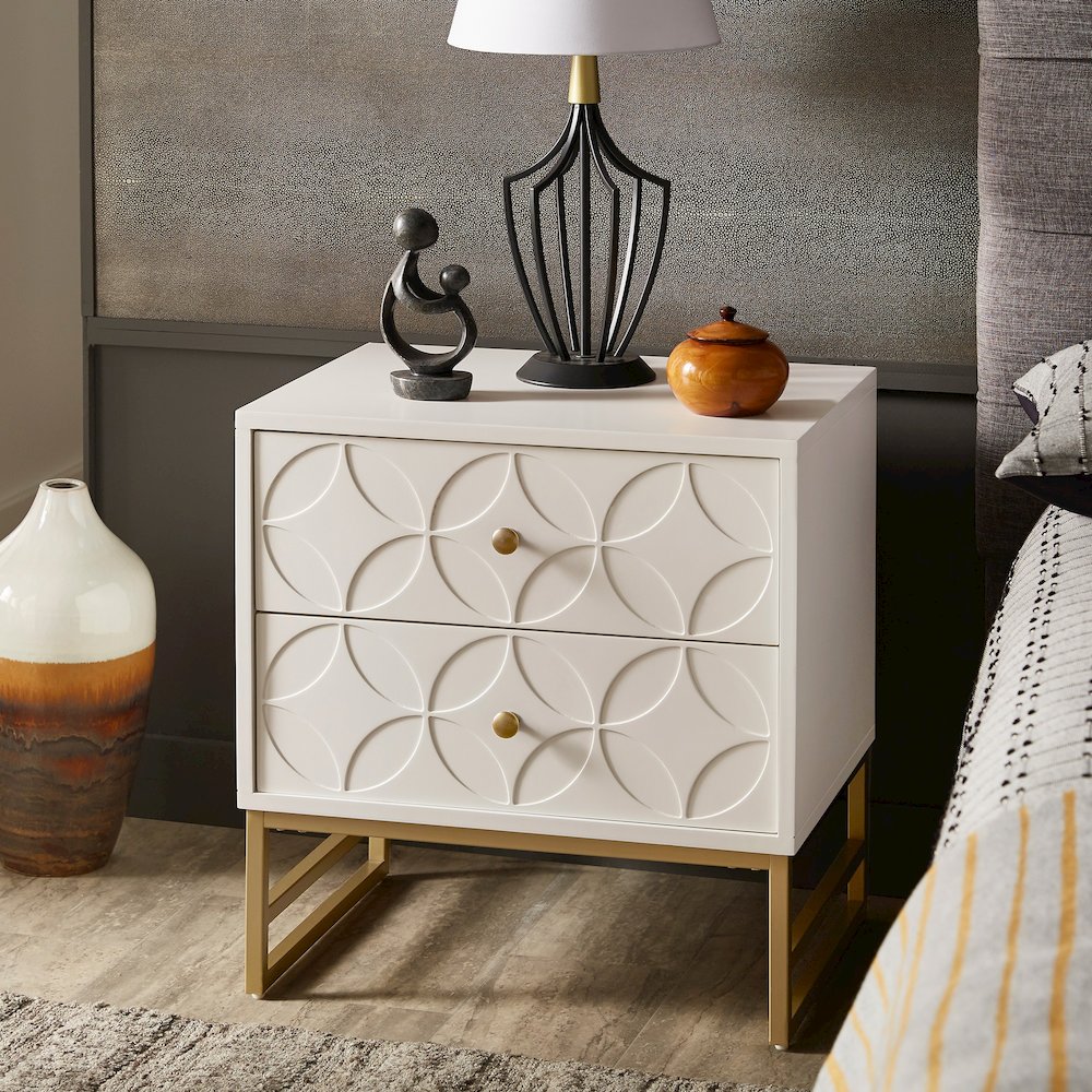 White Finish Arched Diamond Pattern Nightstand With Gold Metal Base. Picture 2