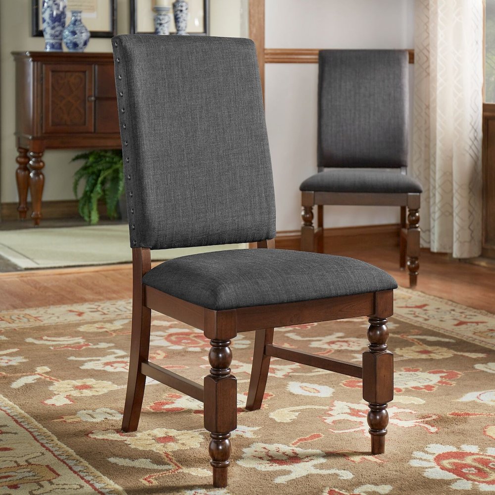 Set of 2, Burnished Dark Oak Finish Dark Grey Linen Side Chair. Picture 1