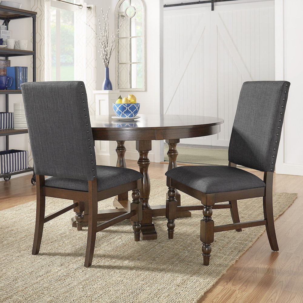 Set of 2, Burnished Dark Oak Finish Dark Grey Linen Side Chair. Picture 2