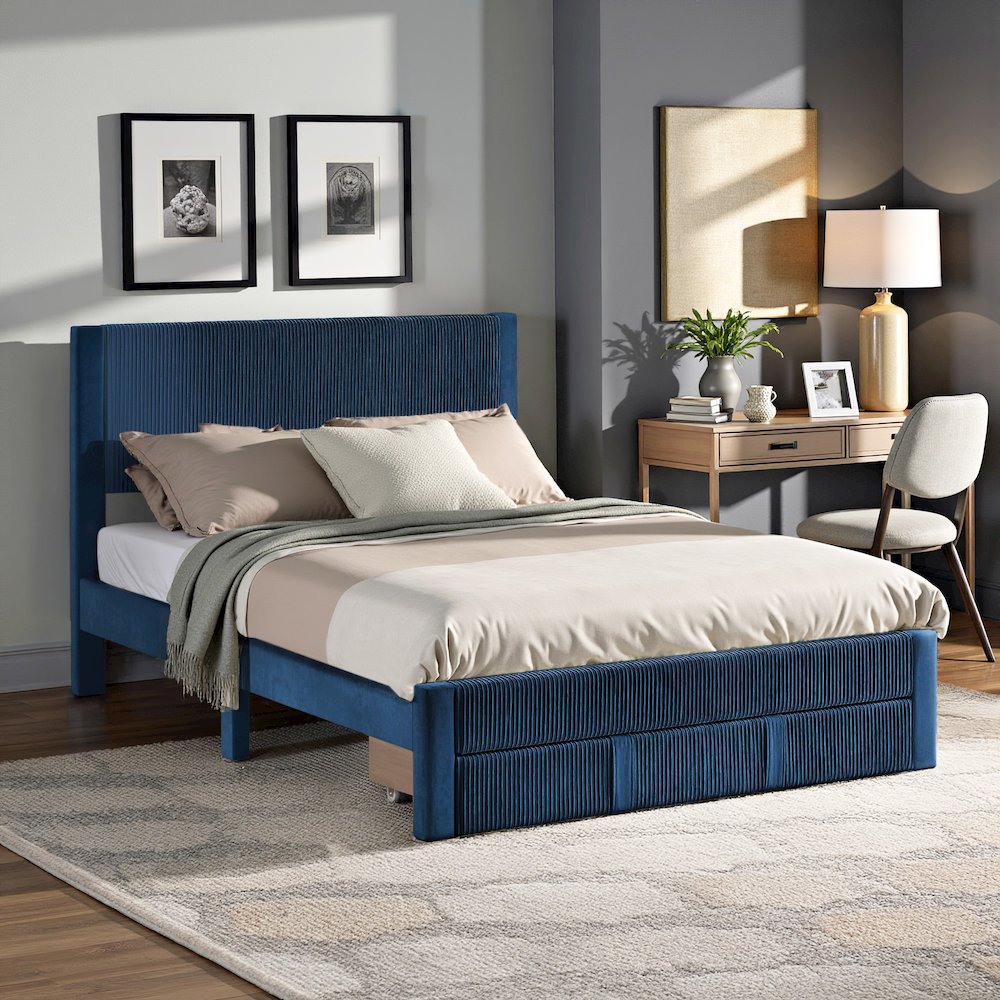 Blue Pleated Velvet Storage Queen Bed. Picture 3