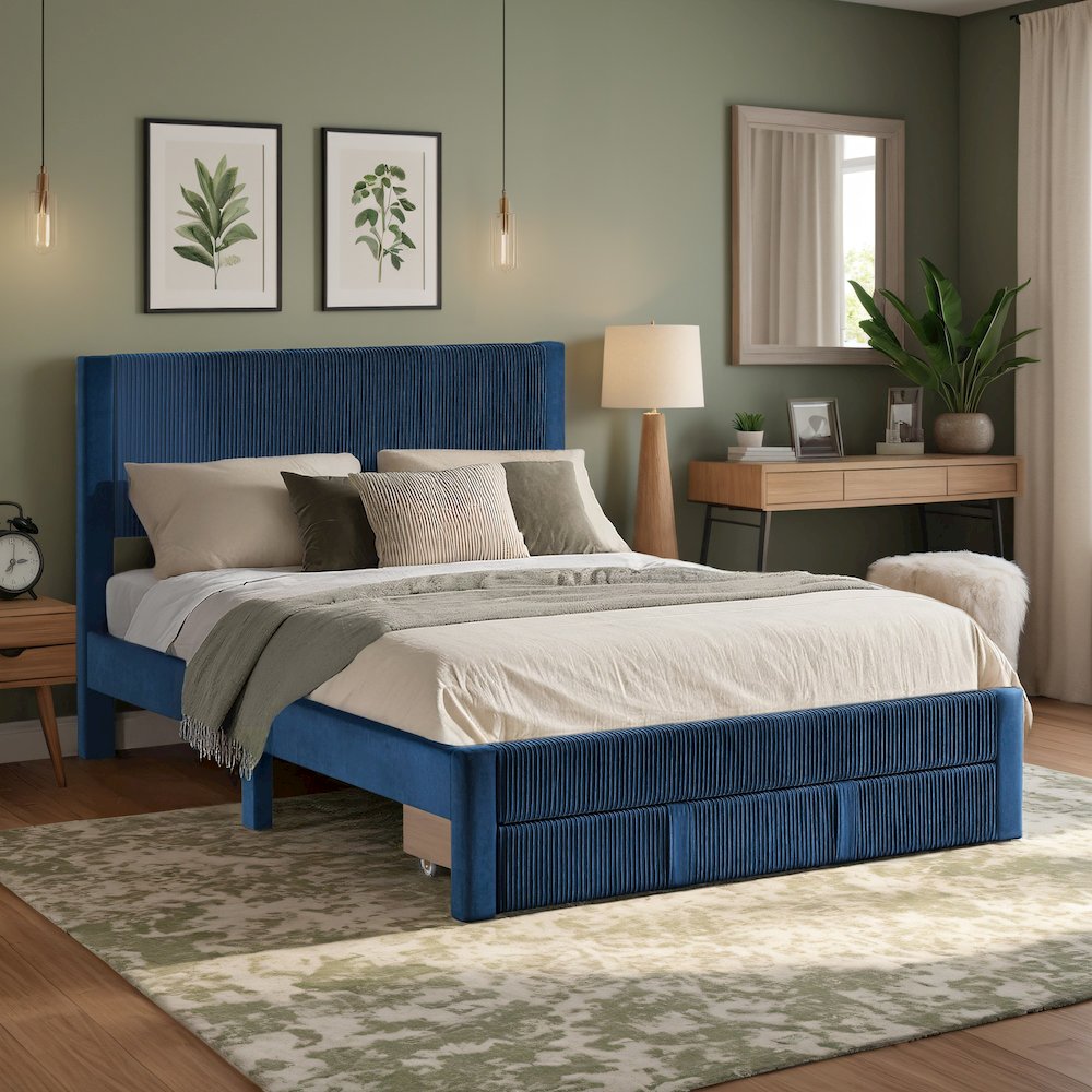 Blue Pleated Velvet Storage Queen Bed. Picture 4