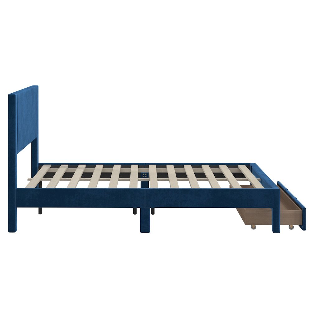 Blue Pleated Velvet Storage Queen Bed. Picture 11