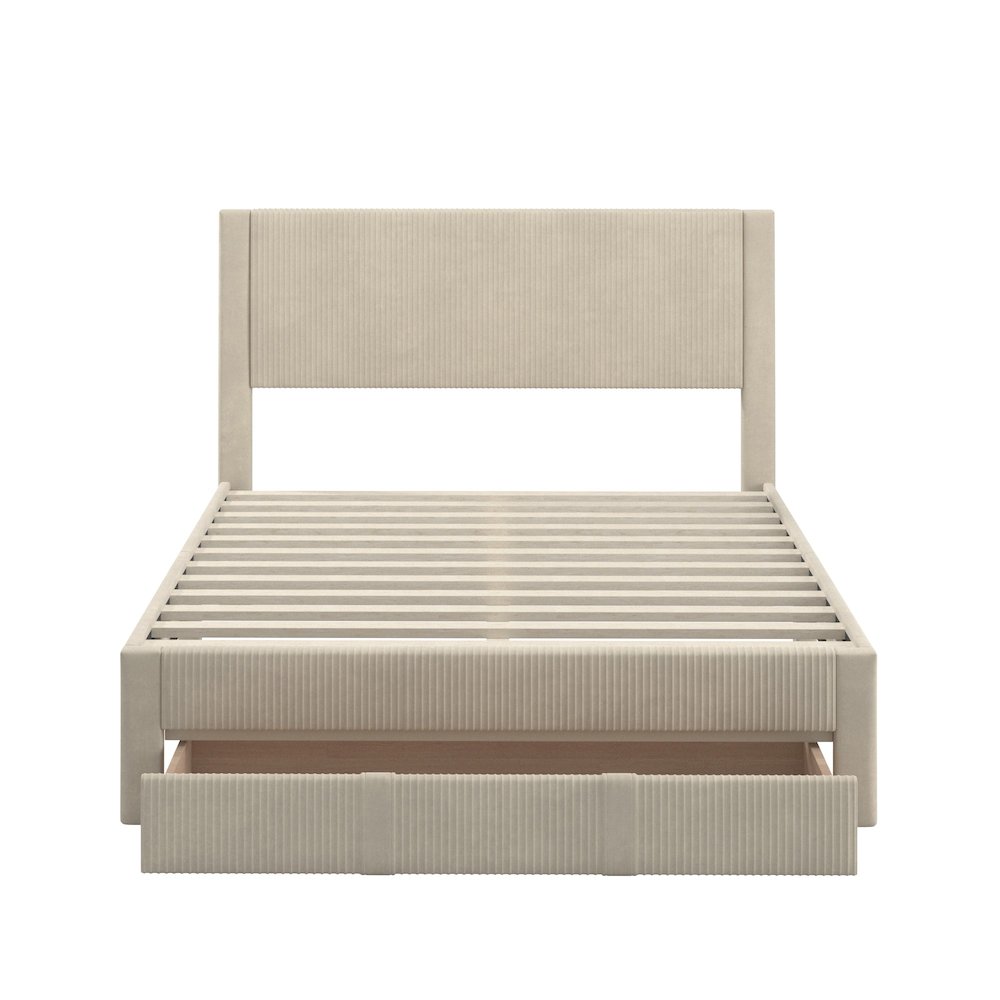 Beige Pleated Velvet Storage Queen Bed. Picture 1