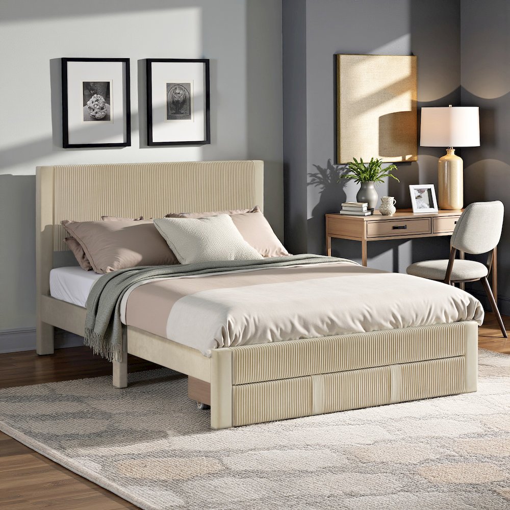 Beige Pleated Velvet Storage Queen Bed. Picture 3